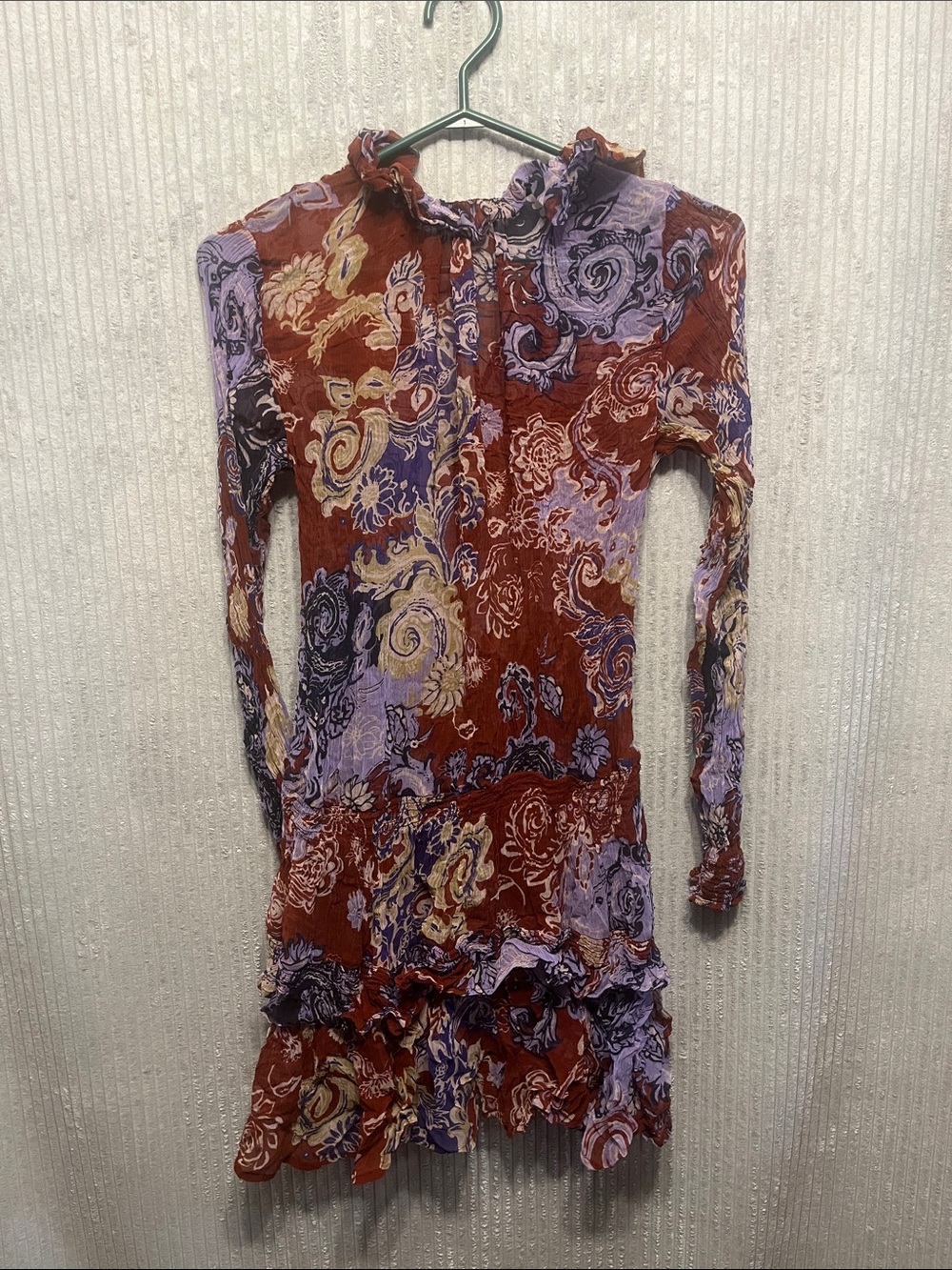 Anthropologie Rust and Lavender Mixed-Print Tiered Long-Sleeve Dress Small - Picture 9 of 10